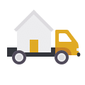 a yellow and white truck with a house on it
